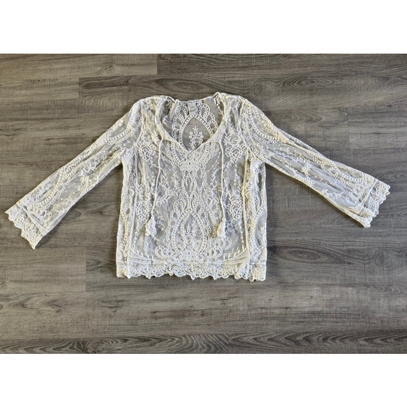 American Rag Lace Boho Blouse Cream Sheer Tassel Bell Sleeve Size S NWOT - Picture 2 of 5
